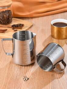 1pc Stainless Steel Espresso Pitcher With Measurement Markings - Barista-Grade Milk Frothing Pitcher For Latte Art, Cappuccinos , Durable Commercial-Grade Coffee Accessory For Home & Professional Use, Modern Coffee Accessory , Coffee Bar Accessories - Silver - View 4