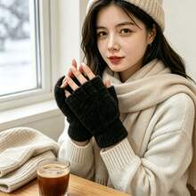 1 Pair Of Women's Open Finger Knitted Plush Gloves, Suitable For Winter Gloves, Essential For Travel And Keeping Warm - One Size - View 3