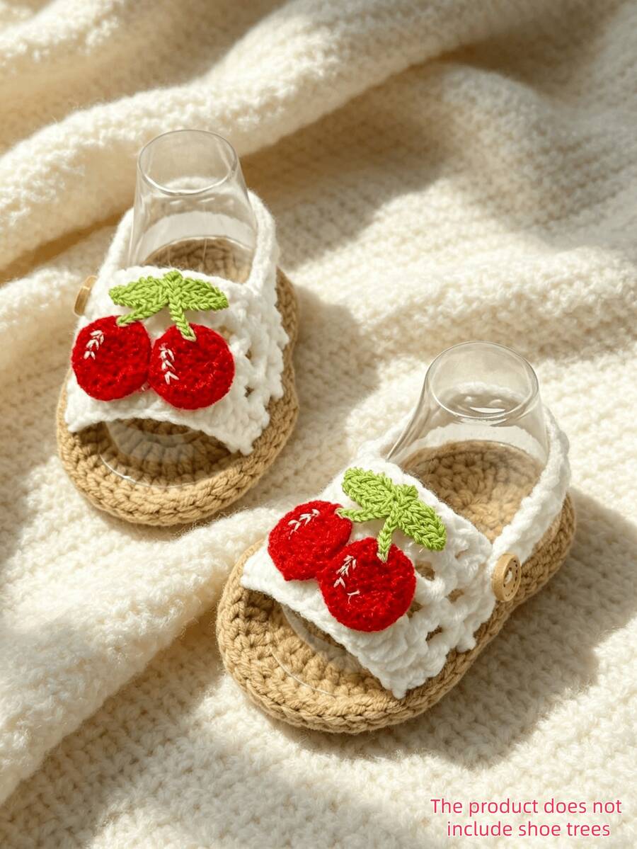 1 Pair Handmade Crochet Infant Sandals With Cherry Applique, White And Tan, Infant Summer Shoes - White - View 1