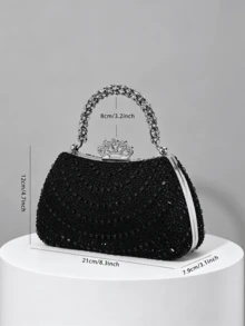 1pc Luxury Black Rhinestone Evening Clutch Bag, Elegant Rhinestone Handle With Crown Lock Design, Exquisite Heavy Rhinestone Craftsmanship, Handheld Or Chain Crossbody, Suitable For Banquet, Wedding, Party, High-End Dress Matching Clutch - Black - View 2