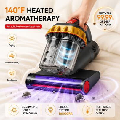 E.LUO Mattress Vacuum Cleaner: 16kPa Suction Power And 253.7nm UV-C Light; Features Dual-Speed Settings, 140°F Hot Air, Negative Ion Function, And HEPA Filtration; Designed For Deep Cleaning Beds And Removing Pet Hair.