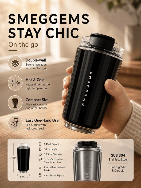 SMEGGEMS Portable 240ml Insulated Cup, Leak-Proof One-Handed Drinking Cup, Stainless Steel Inner Liner, Compact Coffee Travel Mug, Suitable For Bag And Car