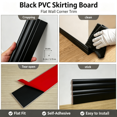 PVC自黏式踢腳線飾條－內建背膠，撕開即貼，安裝簡易，防水防潮耐磨，適合客廳、臥室、辦公室、宿舍裝飾升級，不皺褶，表面光滑易清潔