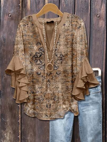 Women's V-Neck Printed Bohemian-Style Three-Quarter Sleeve Top Features A Classic Design, Suitable For Everyday Wear, Holidays, And Vacations. The