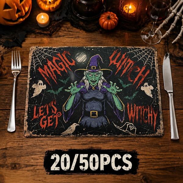 20/50Pcs Halloween Magic Witch Paper Placemats, Suitable For Halloween Holiday Table Decor, Cartoon Cute Style Paper Table Decor, Event Party Decoration