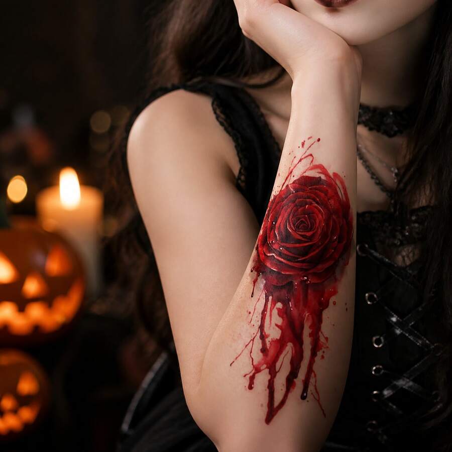 4 piezas de pegatinas de tatuaje temporal de rosa de sangre de Halloween, patrón de rosa gótica oscura con goteo, arte corporal unisex para cosplay, fiesta, actuación, decoración, brazo, muñeca, clavícula, accesorios para fotos, estilo oscuro, efecto de gota de sangre 3D, fiesta de verano, festival de música, rosa sangrienta de terror oscuro unisex, efecto fotográfico de atmósfera fuerte - Multicolor - Ver 1