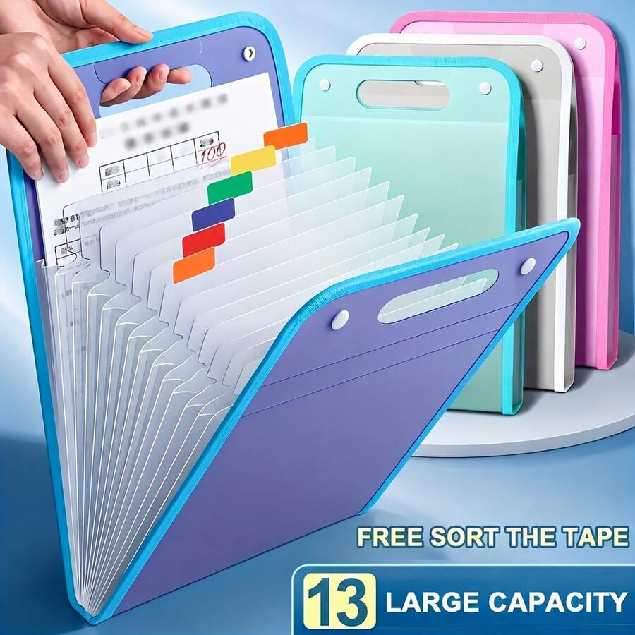 1 Portable Expanding File Folder Organizer - 13 Layers Large Capacity A4 File Storage Bag, Durable PP Plastic With Ergonomic Handle, Sky Blue & Pink Suitable For Office, Home Organization, Desktop File Organizer, Fashionable File Bag, - Purple - View 1