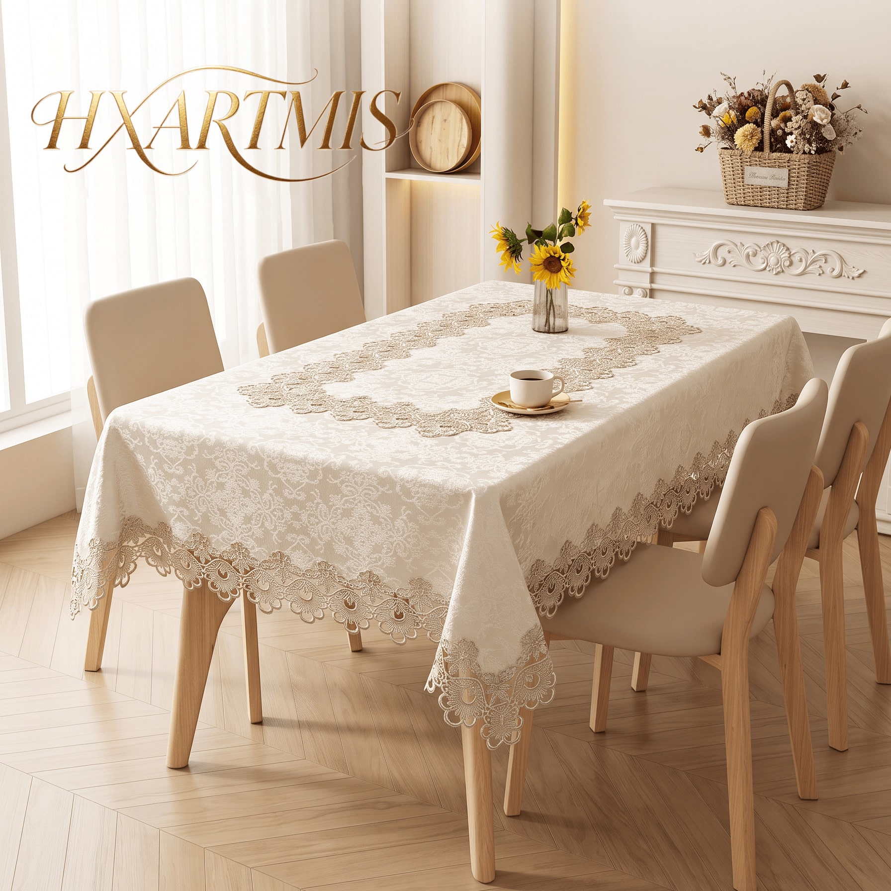 1PC Vintage Lace Trim Jacquard Tablecloth, Beige Embossed Floral Rectangular Dining Table Cover, French Country Style Elegant Home Decor Tablecloth, Suitable For Kitchen, Party And Banquet