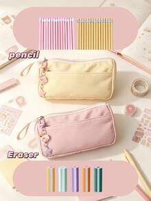 Cream Style Double-Layer Pencil Case Stationery Set, Includes Large Capacity Pencil Case, 10 Pencils And 5 Colored Erasers, Complete Set Of Daily Writing Supplies. Simple And Soft Macaron Color Scheme, Cute And Healing, Popular Among Students. The Pencil Case Features A Double-Layer Partition Design, Large Opening With Expanded Space, Smooth Zipper Opening And Closing, Paired With Cute Cartoon Pendant, Outstanding Appearance. - Sets - View 4