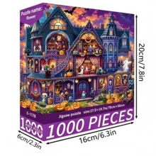 1盒1000片拼圖玩具，尺寸70cm*50cm，油畫風景與卡通圖案，成人壓力釋放，裝飾藝術，適合萬聖節、聖誕節、生日禮物 - 彩色 - 查看 3
