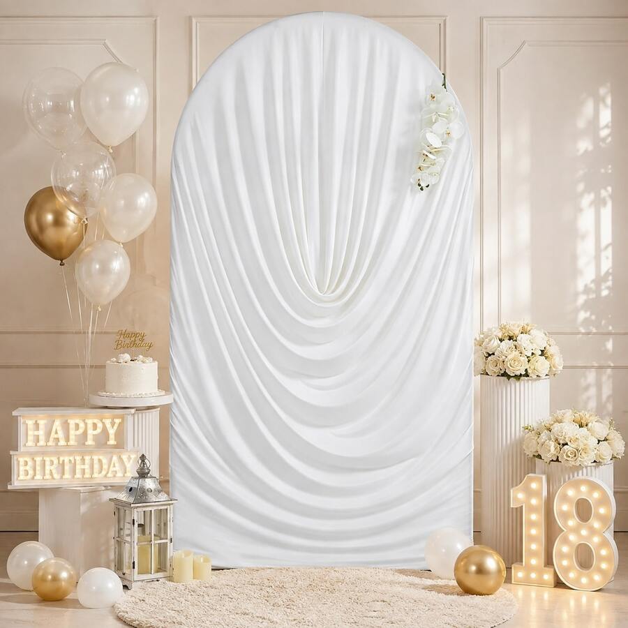 New Water Ripple Pleated Elastic Arch Backdrop Cover, Double-Sided Stretchable Fabric, Arch Background Frame Cover For Wedding, Birthday, Baby Shower, Photography Backdrop Party Decoration, Craft Fabric, Party Photo Arch Decoration (Frame Not Included) - White - View 1