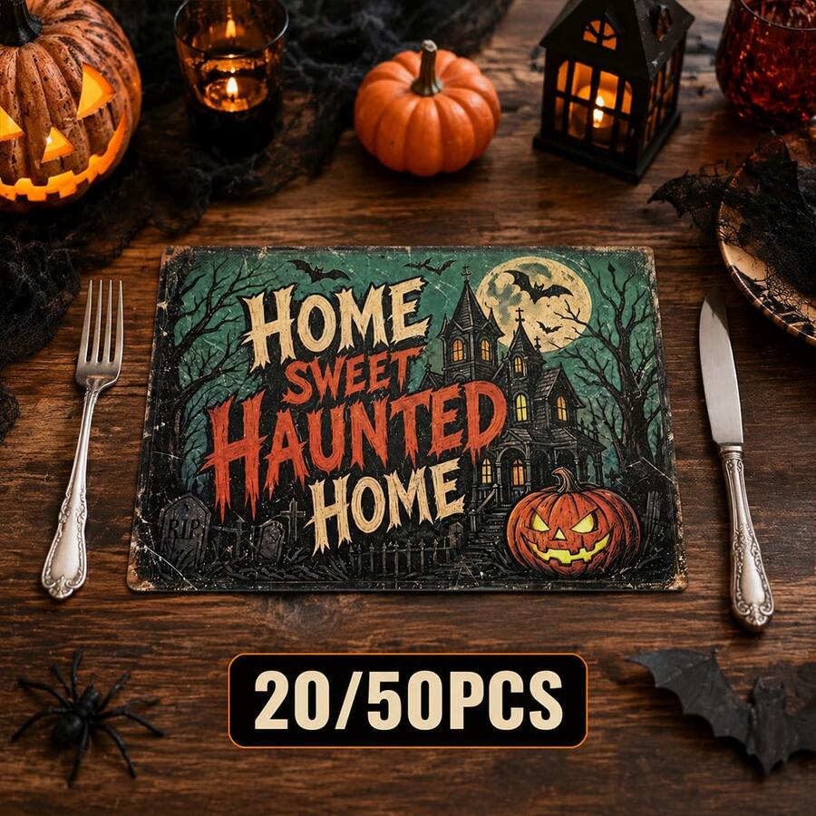 20/50Pcs Halloween Castle Haunted House Paper Placemats, Suitable For Halloween Holiday Table Decor, Cartoon Cute Style Paper Table Decor, Event Party Decoration - View 1