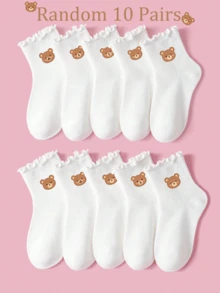 5 Pairs Random Cute Bear Print Baby Socks, Soft Breathable Mid-Calf Socks, Girls Toddler Style, Ruffle Cuff, All-Season Versatile Back To School - Multicolor - View 14