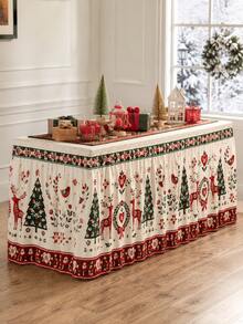 1pc Christmas Reindeer Christmas Tree Table Skirt, Nordic Country Style Polyester Red & Green Folk Floral Print Rectangular Buffet Dessert Table Cover, Suitable For Christmas Dinner, Holiday Party, New Year Home Decor - Multicolor - View 4