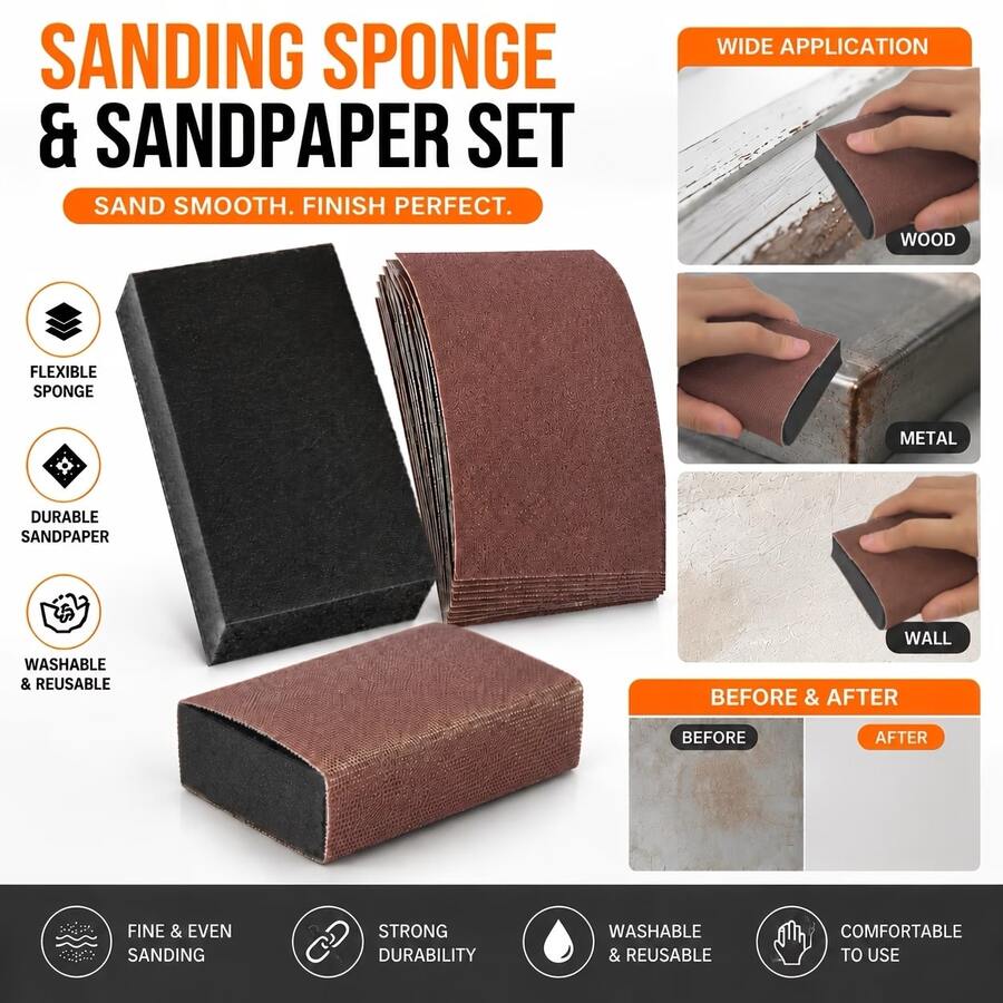 31pcs/51pcs Multi-Function Sponge Sanding Blocks With Mesh Sandpaper Set (60-320 Grit Mixed) | Flexible Cushion Design Fits Curved Surfaces | Wear-Resistant Sanding Surface For Efficient Grinding | Washable And Reusable | Anti-Clogging Sanding Tool | Suitable For Woodworking, Metal, Furniture, Car Surface Polishing And Sanding - 31pack - View 1