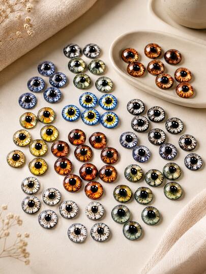 30pcs Mixed Print Glass Eye-Shaped Domed Gemstones, Flat Back Round Animal Dragon Eyes, Suitable For DIY Doll Making, Jewelry Pendants, Scrapbooking And Handicrafts, Halloween Props, Cosplay Masks, Polymer Clay Crafts Decoration And More.