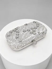 1pc Silver Beaded Evening Clutch, Silver White Pearl Rhinestone Woven Pattern, Spherical Full Rhinestone Lock, Hard Shell Box Body, With Detachable Chain, Evening Party Wedding Dress Matching Clutch - Silver - View 6