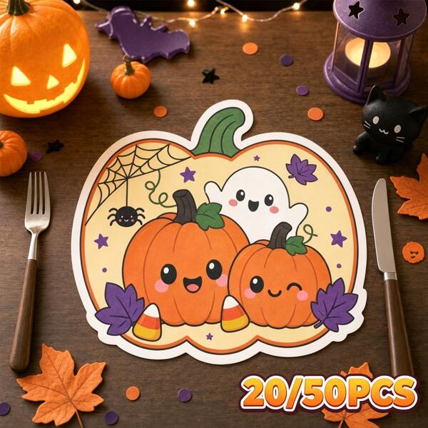 20/50 piezas Manteles de papel con forma de calabaza de Halloween, adecuados para la decoración de la mesa de las fiestas de Halloween, decoración de mesa de papel de estilo de dibujos animados lindos, decoración de eventos y fiestas