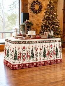 1pc Christmas Reindeer Christmas Tree Table Skirt, Nordic Country Style Polyester Red & Green Folk Floral Print Rectangular Buffet Dessert Table Cover, Suitable For Christmas Dinner, Holiday Party, New Year Home Decor - Multicolor - View 7