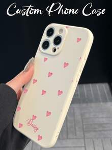Cream White Background With Pink Small Hearts DIY Customized Phone Case, TPU Soft Shell With Customizable Text, Full Coverage Anti-Drop Protective Case For Girls, Compatible With Apple 18/18 Pro/18 Pro Max, 17/17 Pro/17 Pro Max, 16-11/Pro/Pro Max/Plus - Valentine's Day Gift/Apple Phone Case/Apple 16 Phone Case/Apple 17 Pro Max Phone Case/Apple 18 Phone Case - White - View 1