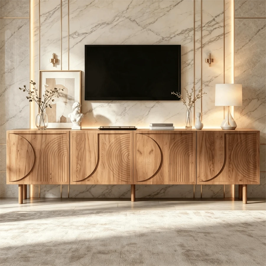 Tv Stand Natural With Storage With Shelves With Doors Made Of Wood For Living Room And Media Area - 自然的 - 查看 1
