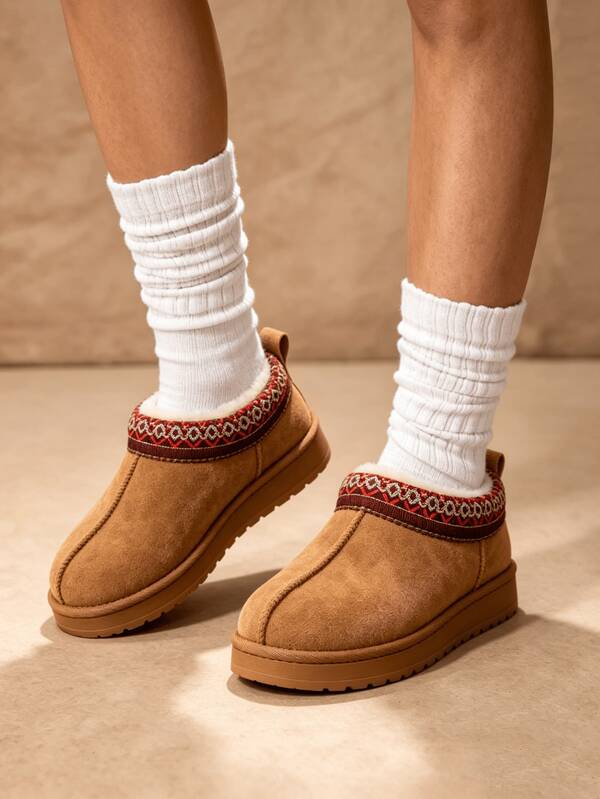 1 Pair Girls' Knitted Collar Thick Fleece Lining Non-Slip Sleeve Ankle Boots, Vintage Casual Children's Winter Warm Snow Boots For Cold Weather Outdoor Daily Wear