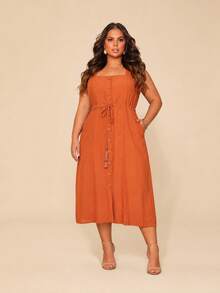 Vestido Midi Plus Size Feminino Lyocell com Botões Frontais, Amarração na Cintura e Bolsos Laterais - terracota - Visão 5
