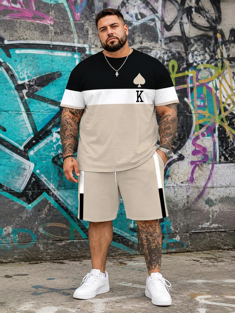 Men's Casual Street Style Sports Set - "Striped Plaid Heart K" Pattern Design, Polyester Knit Fabric, Round Neck, Drawstring Shorts, Pockets, Regular Fit, Suitable For Plus Size - Multicolor - View 1