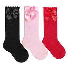 Girls' 3/4 Knee-High Party Socks With Satin Bow, 16-33, For Baptism, Wedding, Flower Girl, Social, Dance, Events, Elegant, School - 黑色,粉紅色與紅色 - 查看 1
