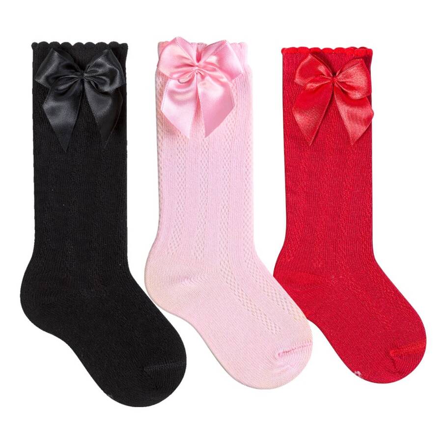 Girls' 3/4 Knee-High Party Socks With Satin Bow, 16-33, For Baptism, Wedding, Flower Girl, Social, Dance, Events, Elegant, School - 黑色,粉紅色與紅色 - 查看 1