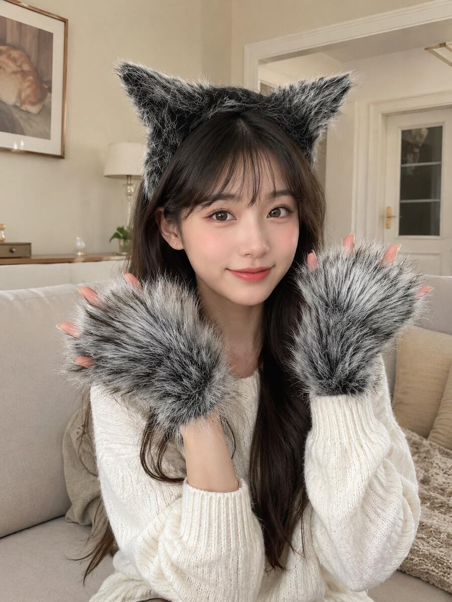 1件裝(手套)/ 2件組(含手套與髮箍)毛絨狼手套髮箍套組,適合萬聖節、聖誕派對(可能輕微掉毛,不影響穿戴體驗) - 灰色 - 查看 1