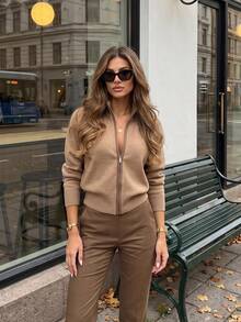 Women's Autumn Stand Collar Zip-Up Knit Cardigan, Raglan Long Sleeve Slim Fit Solid Color Casual Short Sweater Jacket Fall - Camel - View 4