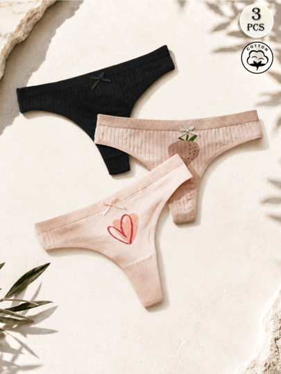 APRSEA 3pcs Women's Random Color Pure Cotton Random Print Bow Cute Sweet T-Back Soft Comfortable Panties