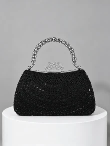 1pc Luxury Black Rhinestone Evening Clutch Bag, Elegant Rhinestone Handle With Crown Lock Design, Exquisite Heavy Rhinestone Craftsmanship, Handheld Or Chain Crossbody, Suitable For Banquet, Wedding, Party, High-End Dress Matching Clutch - Black - View 5