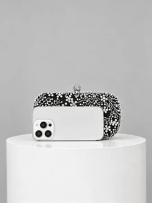 1pc Black Heavy Beaded Evening Clutch Bag, Silver White Pearl Rhinestone Woven Pattern, Spherical Full Rhinestone Lock, Hard Shell Box Shape, Detachable Chain, Party Wedding Evening Dress Matching Clutch - Black - View 5