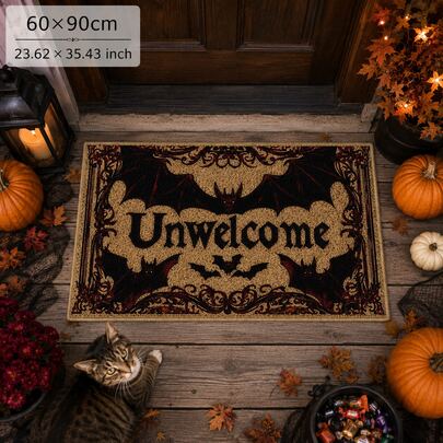 1pc, Machine Washable 900g Velvet Bat Print Decorative Doormat, Comfortable Touch, Perfect For Bedroom, Living Room, Study, Office Or Entryway. Bottom With Dotted Non-Slip Backing, Anti-Slip, Cute Design, Suitable For Year-Round Indoor Use, Ideal Home Decor To Enhance Style, Halloween Home Decoration, Small Rug, Through Rug, Doormat, Platform New Style, All Season