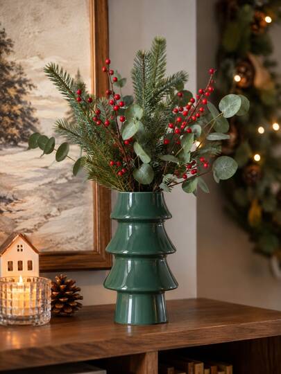 1pc Christmas Tree Shaped Vase, Glossy Red Or Green Holiday Flower Holder, Festive Floral Arrangement Vase For Evergreen Branches, Red Berries & Artificial Flowers, Tabletop, Mantel, Shelf, Dining Room And Xmas Home Decor
