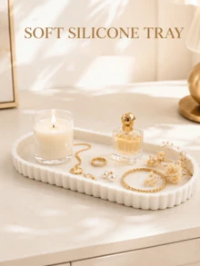 Flexible Cream White Ribbed Jewelry Tray, Elegant Rectangular Decorative Storage Dish, Suitable For Rings, Necklaces, Bracelets, Perfume And Vanity Decor, Women's Gift, Room Decoration, Jewelry Storage, Jewelry Rack, Vanity Organizer - Multicolor - View 4