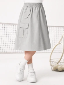 Balabala Tween Girls' Summer Solid Color Utility Pocket Casual A-Line Skirt - Morning Gray - View 2