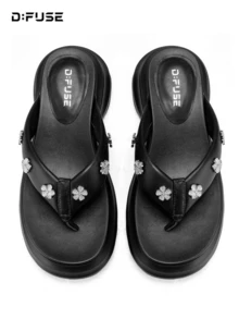 D:FUSE Women's Crystal Floral Decor Thin Strap Open Toe Slip-On Platform Sandals, Sweet Style, Comfortable For Summer Daily Beach Vacation Wedding, Black Genuine Leather - Black - View 11