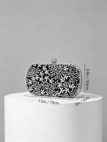 1pc Black Heavy Beaded Evening Clutch Bag, Silver White Pearl Rhinestone Woven Pattern, Spherical Full Rhinestone Lock, Hard Shell Box Shape, Detachable Chain, Party Wedding Evening Dress Matching Clutch - Black - View 3