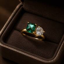 1pc Elegant Alloy Gold 5A Zirconia Green Square White Round Stone Ring, Unisex Anniversary Jewelry (Ring Box Not Included) - Gold - View 6