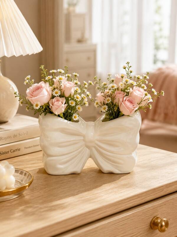 Bow Vase, Cute Double Opening Flower Vase, White Decorative Vase For Bedroom, Living Room, Desk, Vanity, Shelf And Table Decor, Coquette Home Decor, Small Flower Holder, Housewarming Birthday Gift For Her