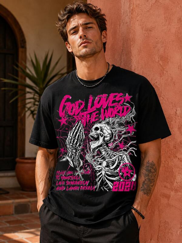 Camiseta de hombre, estampada, de manga corta, cuello redondo, corte holgado, estilo informal, adecuada para el uso diario