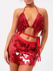 Sequin Fringe Halter Bra Large Sequin Tie Hip Skirt Latin Dance Stage Party Outfit (Multiple Colors Available) - Multicolor - View 5