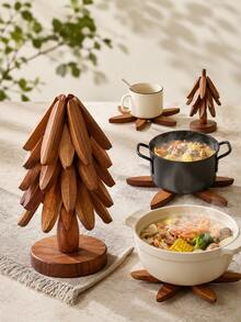 1-Piece Walnut Wood Tree-Shaped Heat-Insulating Mat Set - Natural Tree-Shaped Heat-Insulating Mat Combination, Includes 5 Wooden Heat-Insulating Mats And 1 Storage Rack, Foldable Kitchen Wooden Heat-Insulating Mat, Suitable For Hot Dishes, Soup Pots, Bowls, Teapots, Functions As Heat-Insulating Pot Mat, Placemat, Coaster, Clay Pot Mat; Tree-Shaped Design Heat-Resistant Placemat For Home Use, Premium Coaster, Minimalist Modern Placemat, Christmas Gift - View 12