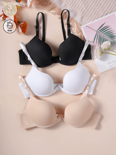 3pcs/Set Teen Girls Solid Color Smooth Underwire Bra, Adjustable Spaghetti Strap Multi-Hook Back Closure Everyday Lingerie