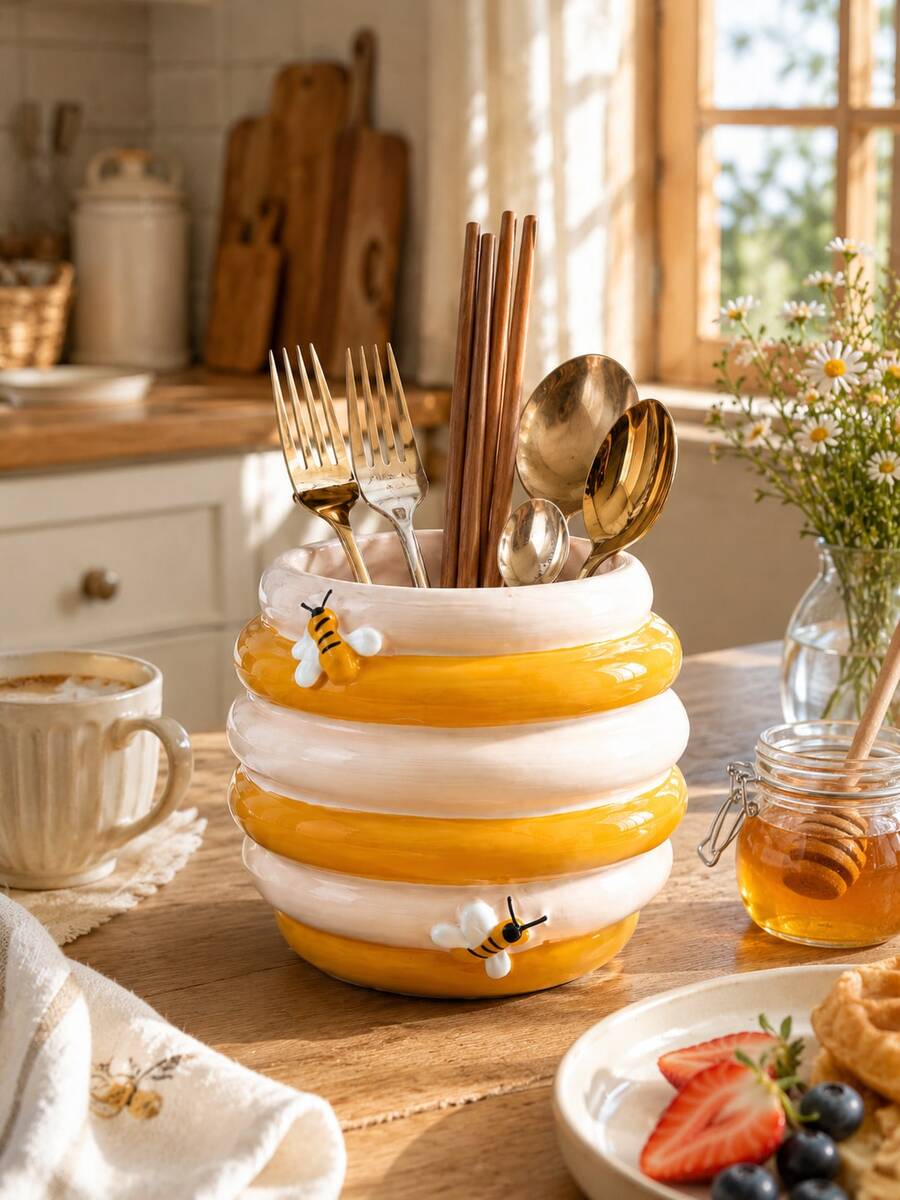 1pc Bee Shaped Kitchen Countertop Utensil Holder, Cute Cutlery Storage Box, Can Hold Forks, Spoons, Chopsticks, Honeycomb Style Utensil Organizer, Farmhouse Kitchen Decor, Countertop Utensil Rack, Housewarming Gift - Multicolor - View 1