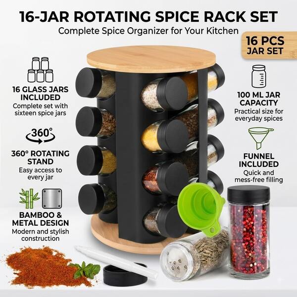 360° Rotating Spice Rack With 16/20 Glass Jars, 100ml Spice Containers, Bamboo & Metal Kitchen Countertop Organizer, Space-Saving Seasoning Carousel For Herbs, Spices & Dry Ingredients, Black & Natural Bamboo
