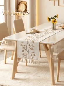 HXARTMIS 1pc Tassel Embroidered Floral Faux Linen Table Runner, Pastoral Green Leaf And Vine Pattern, Washable Long Tablecloth, Suitable For Dining Room, Coffee Table, Wedding, Party And Home Decor - White/Coffee - View 1